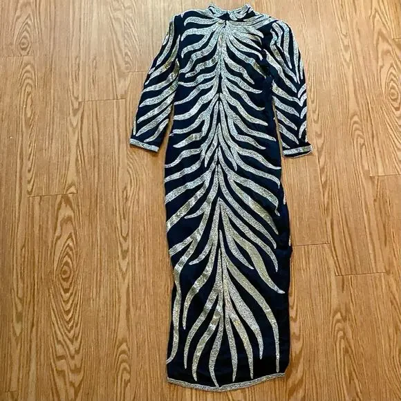 Vintage 1980s Black Beaded Silk Long Maxi Evening Gown Womens Medium - Picture 7 of 16